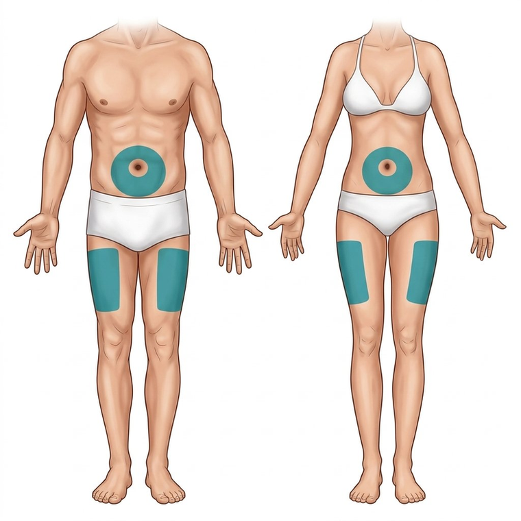 Diagram of a male and female body showing the approved subcutaneous injection zones on the belly and the front and outer thigh.